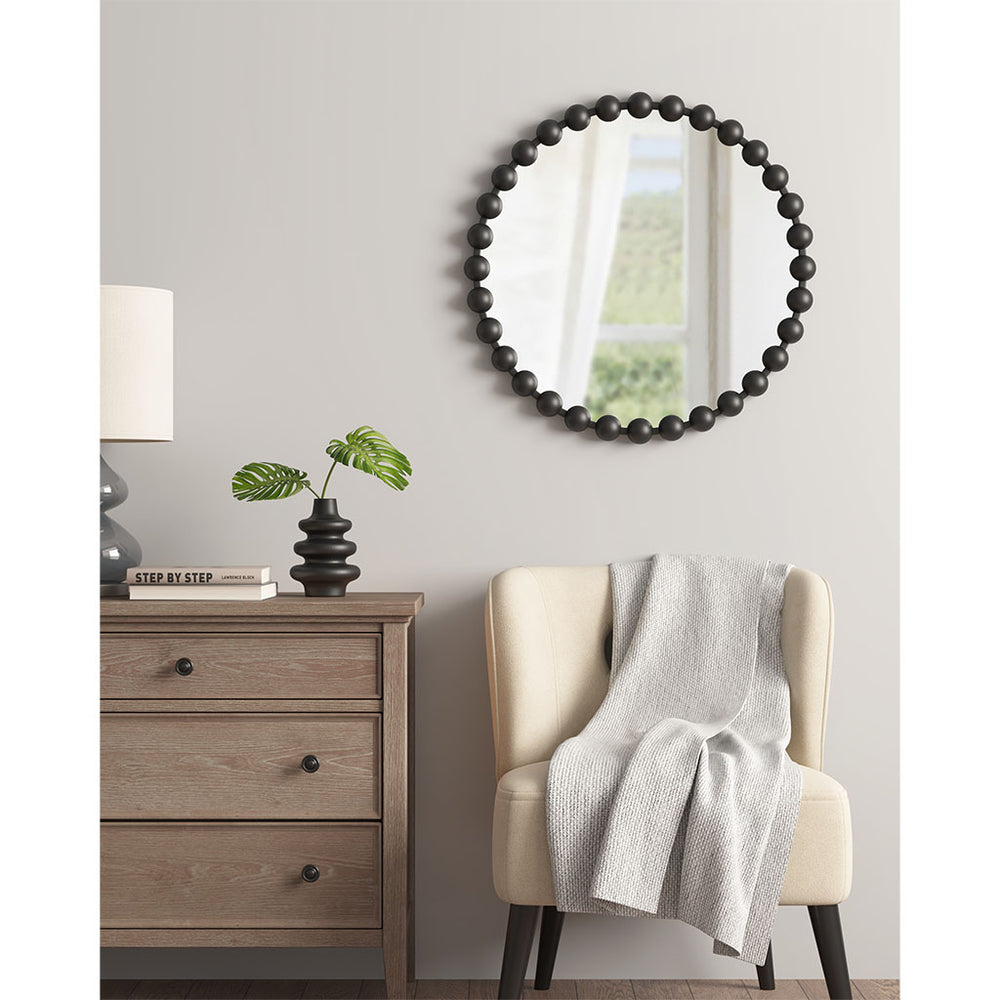 English Elm Beaded Marlowe 27" Round Wall Mirror with Matte Black Beaded Iron Frame, Modern Glam Accent Piece B03599369