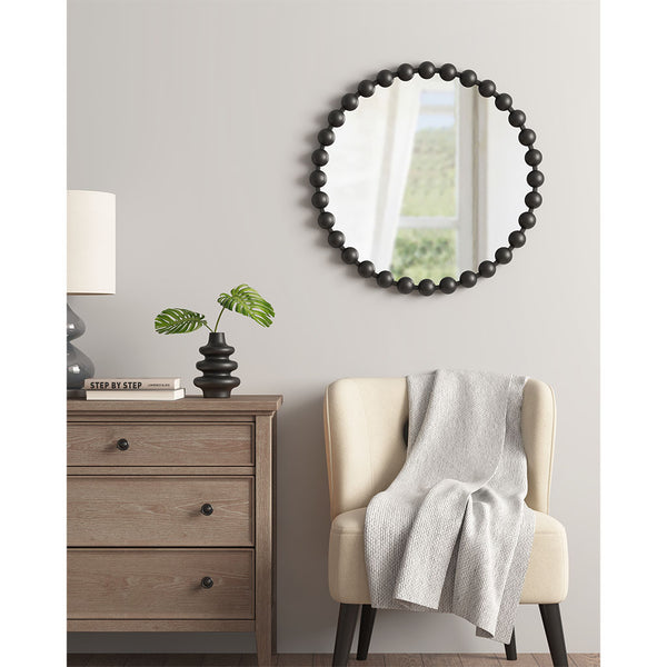 English Elm Beaded Marlowe 27" Round Wall Mirror with Matte Black Beaded Iron Frame, Modern Glam Accent Piece B03599369