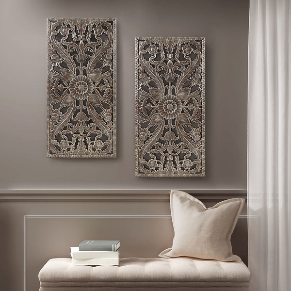 English Elm Distressed Carved Botanical Wall Panels Set – Textured MDF Relief Art with Antique Silver-Bronze Luster, Ready-to-Hang Bronze 33.46 L x 18.89 W x 4.72 H B03598796