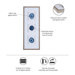 English Elm Real Stone Blue Agate Trio Wall Art by Artist Studio 5 — 34"x13" Gallery Glass Frame, 100% Agate Stones, Versatile Vertical/Horizontal Display B03598879