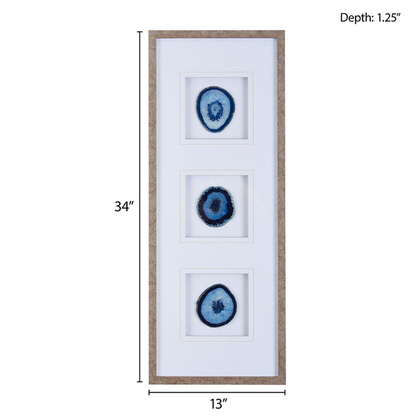 English Elm Real Stone Blue Agate Trio Wall Art by Artist Studio 5 — 34"x13" Gallery Glass Frame, 100% Agate Stones, Versatile Vertical/Horizontal Display B03598879
