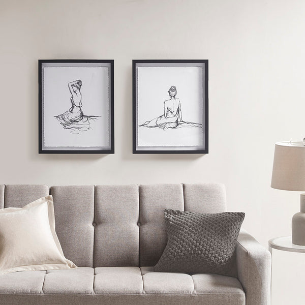English Elm Sketch Feminine Figures 2-Piece Framed Glass & Matted Wall Art Set by Elise Green — Elegant 17x21" décor with bold black frames for modern sophistication B03598880