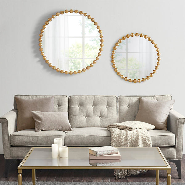 English Elm Beaded Marlowe 36" Round Wall Mirror with Antique Gold Beaded Iron Frame, Modern Glam Accent Decor B03599273