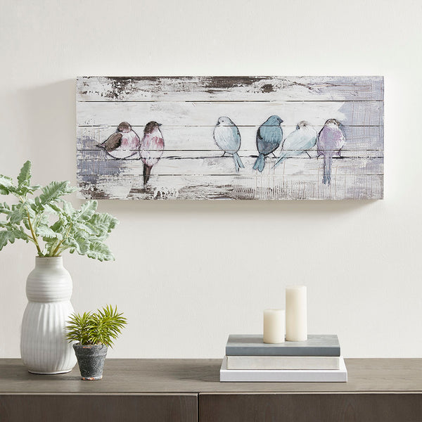 English Elm Hand Painted Perched Birds Wood Plank Panel Wall Art 30x12" Rustic Farmhouse Charm by Elle Summers B03598783