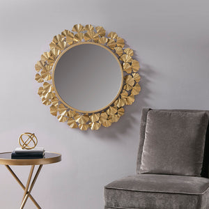 English Elm Gold Martha Stewart Eden Gingko Leaf Round Wall Mirror 30.5" Antique Gold Foil Frame, Luxurious Transitional Decor B03599408