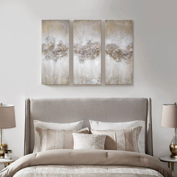 English Elm Heavily Embellished Madison Park 3-Piece Canvas Wall Art Set, Hand-Painted Taupe Ombre with Stone Texture B03598837
