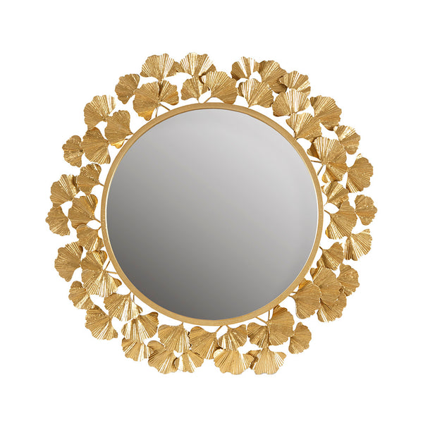 English Elm Gold Martha Stewart Eden Gingko Leaf Round Wall Mirror 30.5" Antique Gold Foil Frame, Luxurious Transitional Decor B03599408