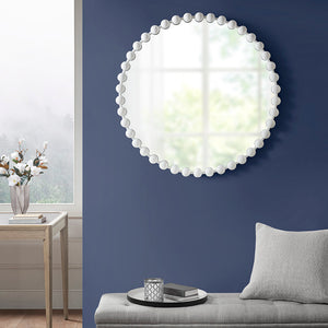 English Elm Beaded Marlowe 36" Round Wall Mirror Matte White Foil Iron Frame Glam Accent with Keyhole Hook B03599373