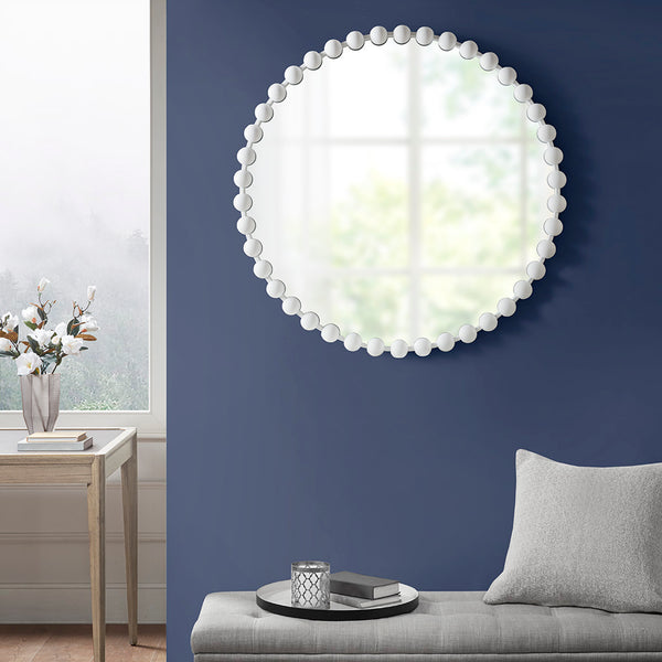 English Elm Beaded Marlowe 36" Round Wall Mirror Matte White Foil Iron Frame Glam Accent with Keyhole Hook B03599373