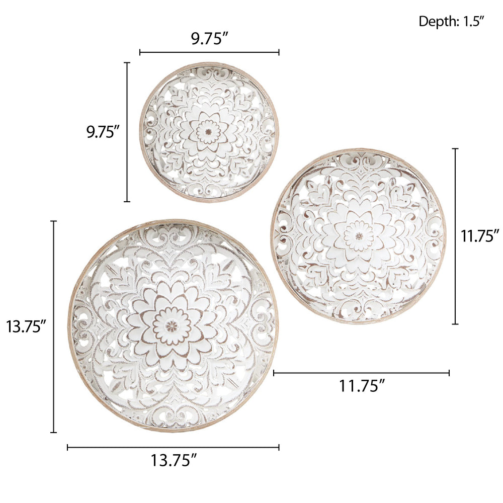 English Elm Distressed White Floral 3-piece Carved Wood Wall Décor Set — Vintage Medallion Trio, 100% Fir Frames, Easy Hangables B03598792