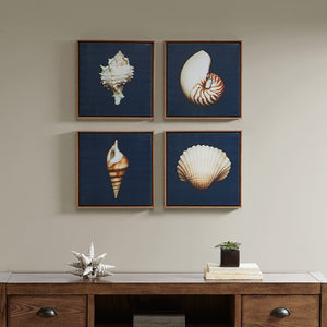 English Elm 4-piece Madison Park Ocean Seashells Framed Canvas Wall Art Set – 4x12" Coastal Navy Shell Prints, Wood Tone Frames B03598823