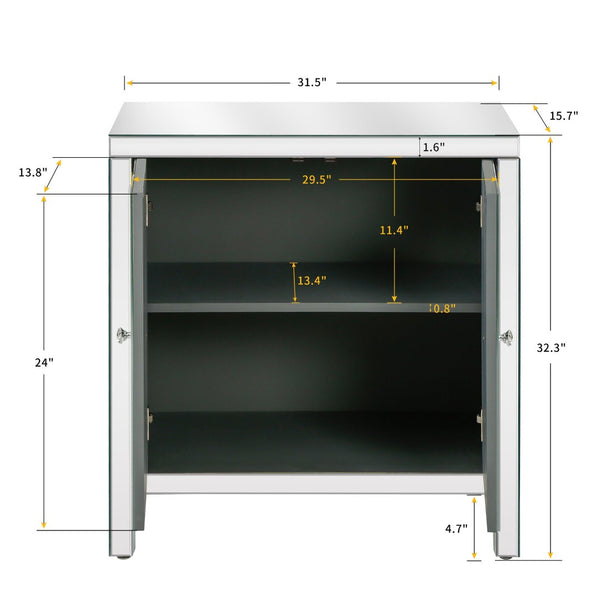 English Elm Storage Cabinet with Mirrored Diamond Panel Doors Glam Accent Piece for Entryway W1445103593