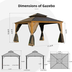 English Elm 12'X12' Hardtop Gazebo - Elegant Aluminum Frame Pavilion With Double Roof, Curtains & Netting For Outdoors W1859S00009
