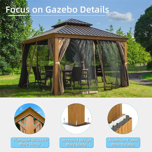English Elm 12'X12' Hardtop Gazebo - Elegant Aluminum Frame Pavilion With Double Roof, Curtains & Netting For Outdoors W1859S00009