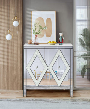 English Elm Storage Cabinet with Mirrored Diamond Panel Doors Glam Accent Piece for Entryway W1445103593