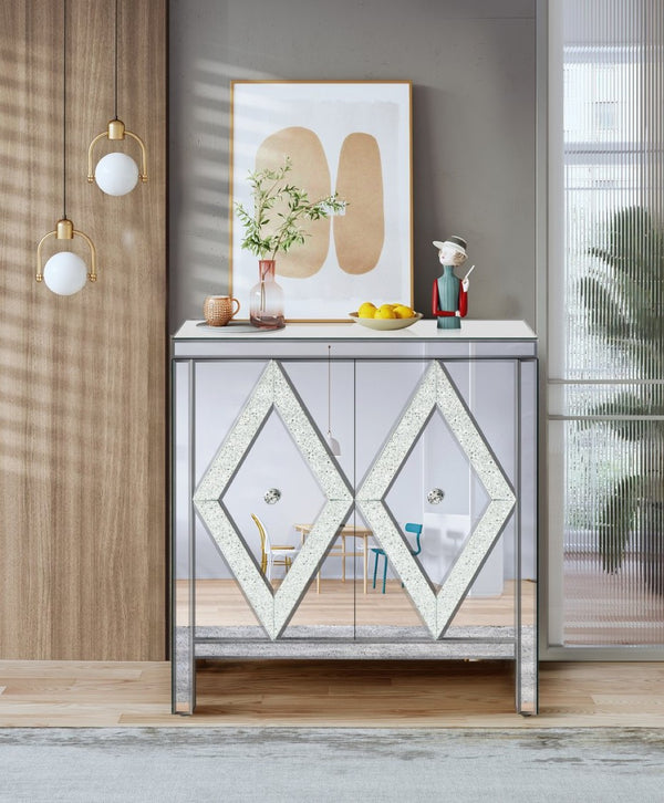English Elm Storage Cabinet with Mirrored Diamond Panel Doors Glam Accent Piece for Entryway W1445103593