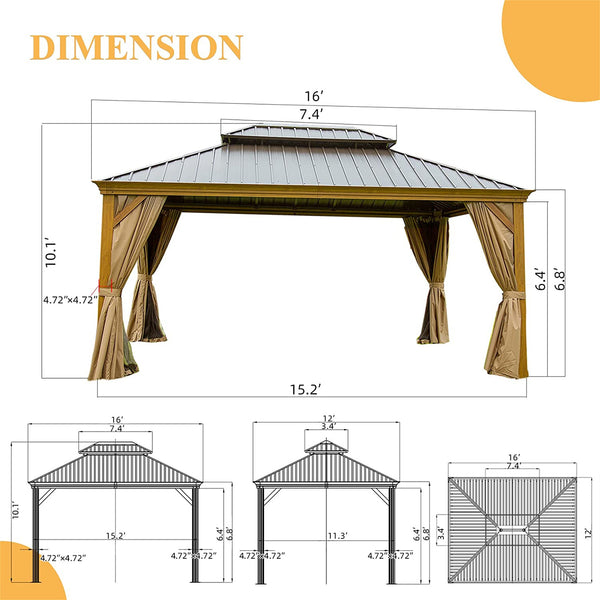 English Elm 12'x16' Hardtop Gazebo Wood-Look Aluminum with Double Canopy, Curtains & Netting, Galvanized Steel Roof Gutter System W1859S00006