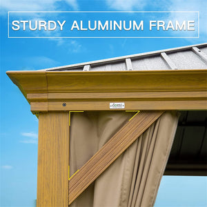 English Elm 12'x16' Hardtop Gazebo Wood-Look Aluminum with Double Canopy, Curtains & Netting, Galvanized Steel Roof Gutter System W1859S00006