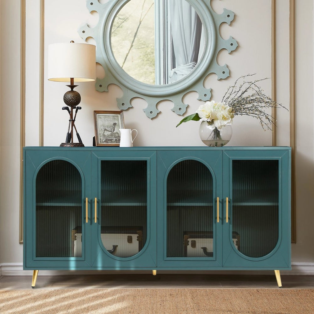 English Elm Tv Stand with Frosted Glass Doors Navy Finish Media Console Fits 65 Inch Screens W1445103595