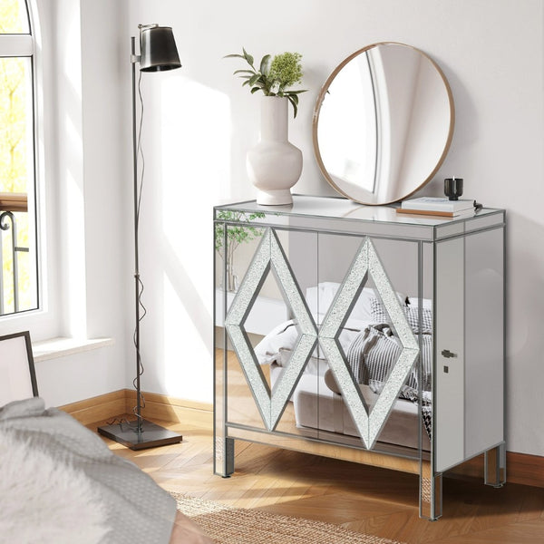 English Elm Storage Cabinet with Mirrored Diamond Panel Doors Glam Accent Piece for Entryway W1445103593
