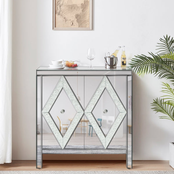 English Elm Storage Cabinet with Mirrored Diamond Panel Doors Glam Accent Piece for Entryway W1445103593