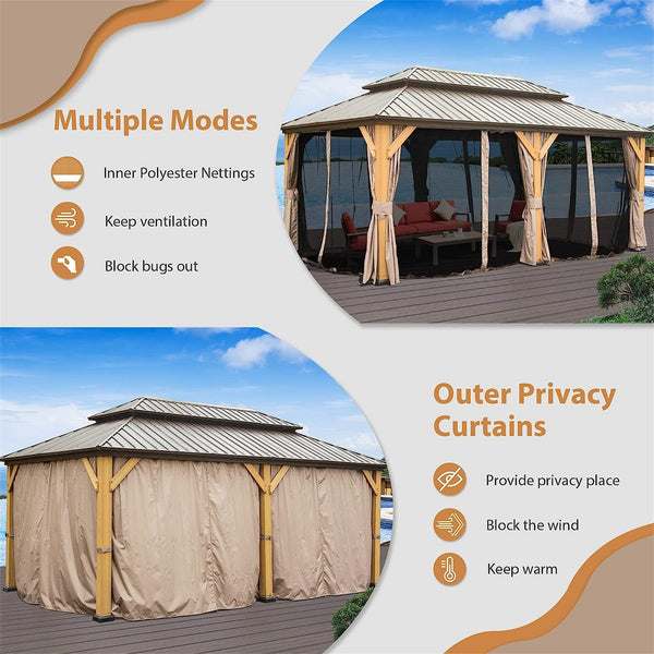 English Elm 12'X20' Hardtop Gazebo - Stylish Cedar Frame Canopy With Steel Double Roof, Curtains & Netting For Outdoor Comfort W1859S00019