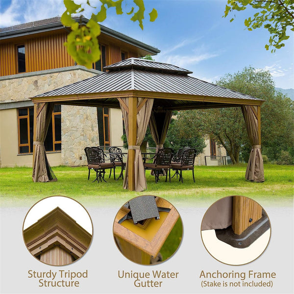 English Elm 12'X14' Stylish Hardtop Gazebo With Ventilated Double Roof, Weather-Resistant Frame & Curtains W1859S00011
