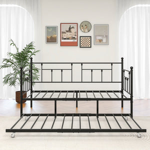 English Elm Twin Metal Daybed with Adjustable Trundle Wheels, Space-Saving Twin Sofa Bed Frame for Guests W840104493