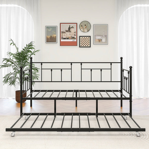 English Elm Twin Metal Daybed with Adjustable Trundle Wheels, Space-Saving Twin Sofa Bed Frame for Guests W840104493