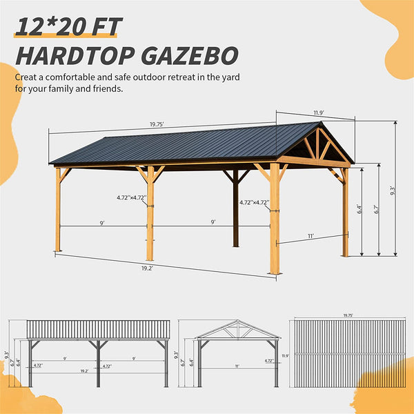 English Elm 12x20ft Hardtop Gazebo Galvanized Gable Roof Pergola with Wood-Grain Aluminum Frame, Durable 240ft² Outdoor Pavilion W1859S00015