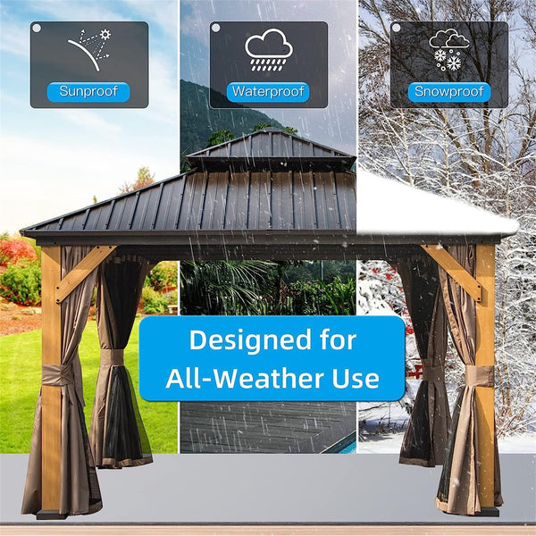 English Elm 12'X12' Hardtop Gazebo - Premium Cedar Frame Canopy With Ventilated Steel Roof & Integrated Curtains W1859S00017