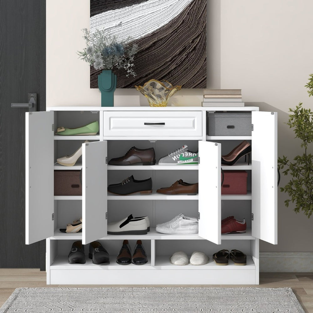 English Elm On-trend White Entryway Shoe Cabinet Grooved Doors Adjustable Shelves Sideboard WF304415AAK