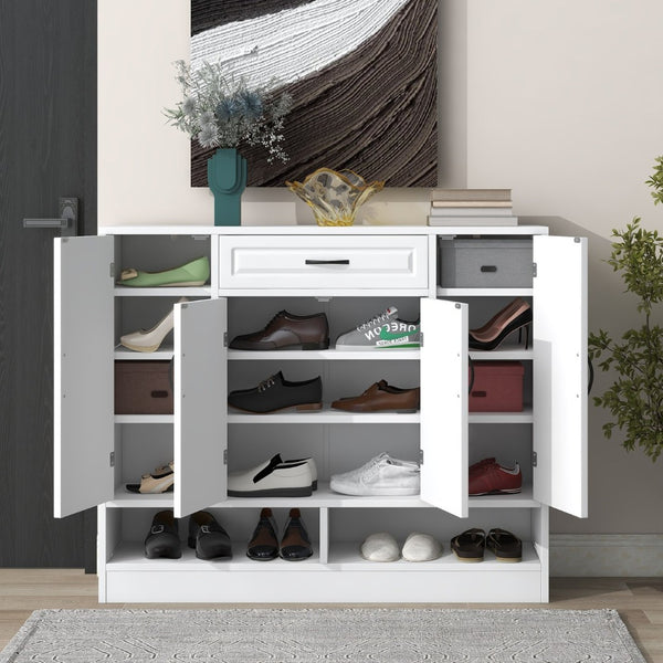 English Elm On-trend White Entryway Shoe Cabinet Grooved Doors Adjustable Shelves Sideboard WF304415AAK