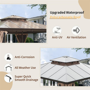 English Elm 12'X12' Hardtop Gazebo - Stylish Aluminum Pavilion With Double Roof, Curtains & Net For Outdoor Comfort W1859S00023