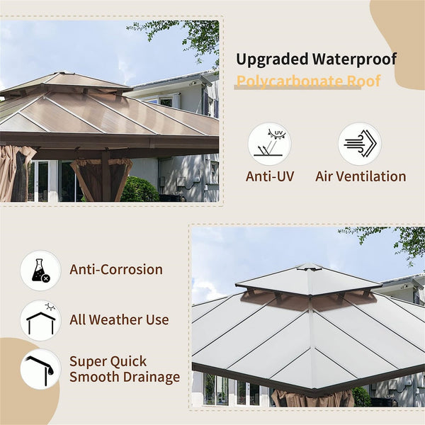 English Elm 12'X12' Hardtop Gazebo - Stylish Aluminum Pavilion With Double Roof, Curtains & Net For Outdoor Comfort W1859S00023