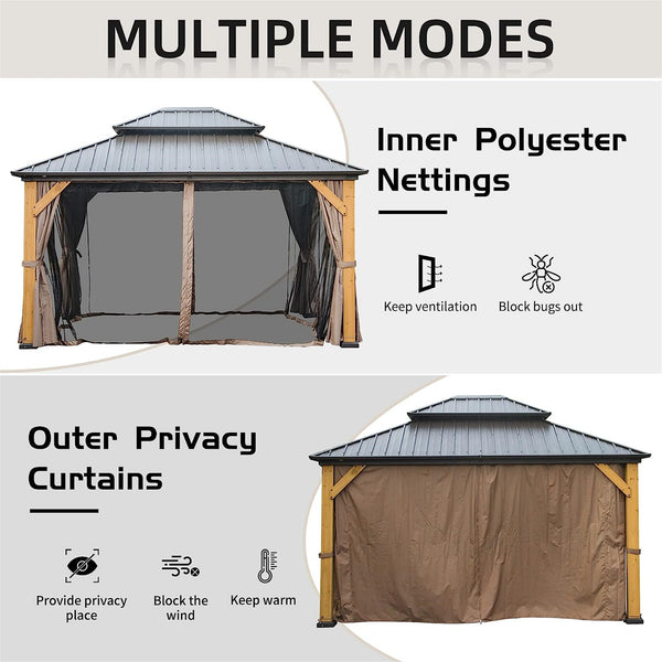 English Elm 12'X14' Hardtop Gazebo – Stylish Cedar Frame Pavilion With Double Roof, Curtains & Netting For Outdoors W1859S00018