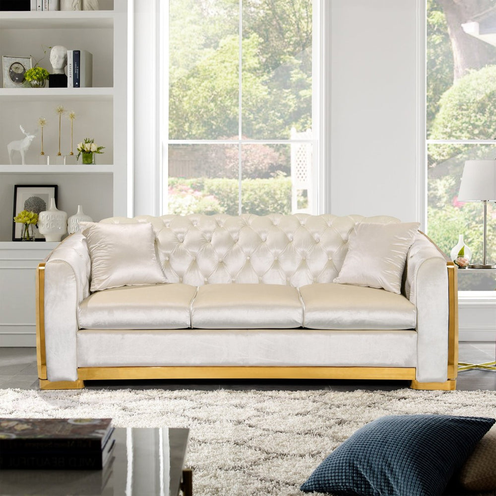 English Elm 81" Tufted Velvet Chesterfield Sofa with Gold Steel Legs for Elegant Living Rooms W1191S00015