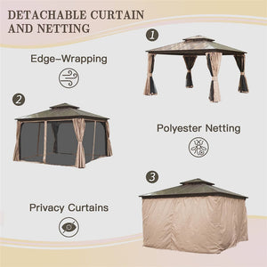 English Elm 12'X12' Hardtop Gazebo - Stylish Aluminum Pavilion With Double Roof, Curtains & Net For Outdoor Comfort W1859S00023