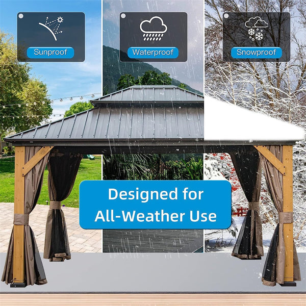 English Elm 12'X14' Hardtop Gazebo – Stylish Cedar Frame Pavilion With Double Roof, Curtains & Netting For Outdoors W1859S00018