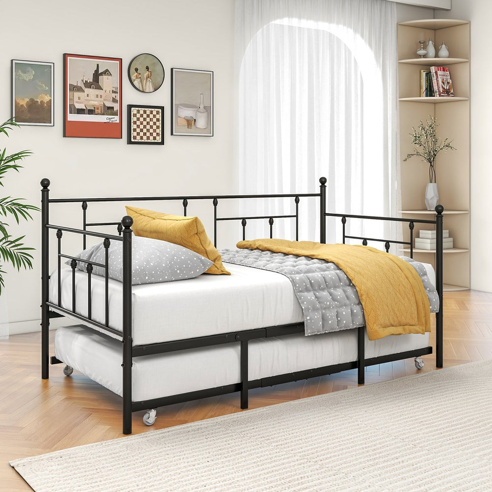English Elm Twin Metal Daybed with Adjustable Trundle Wheels, Space-Saving Twin Sofa Bed Frame for Guests W840104493