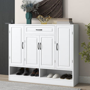 English Elm On-trend White Entryway Shoe Cabinet Grooved Doors Adjustable Shelves Sideboard WF304415AAK