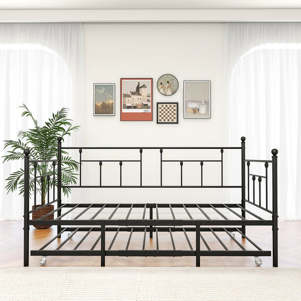 English Elm Twin Metal Daybed with Adjustable Trundle Wheels, Space-Saving Twin Sofa Bed Frame for Guests W840104493