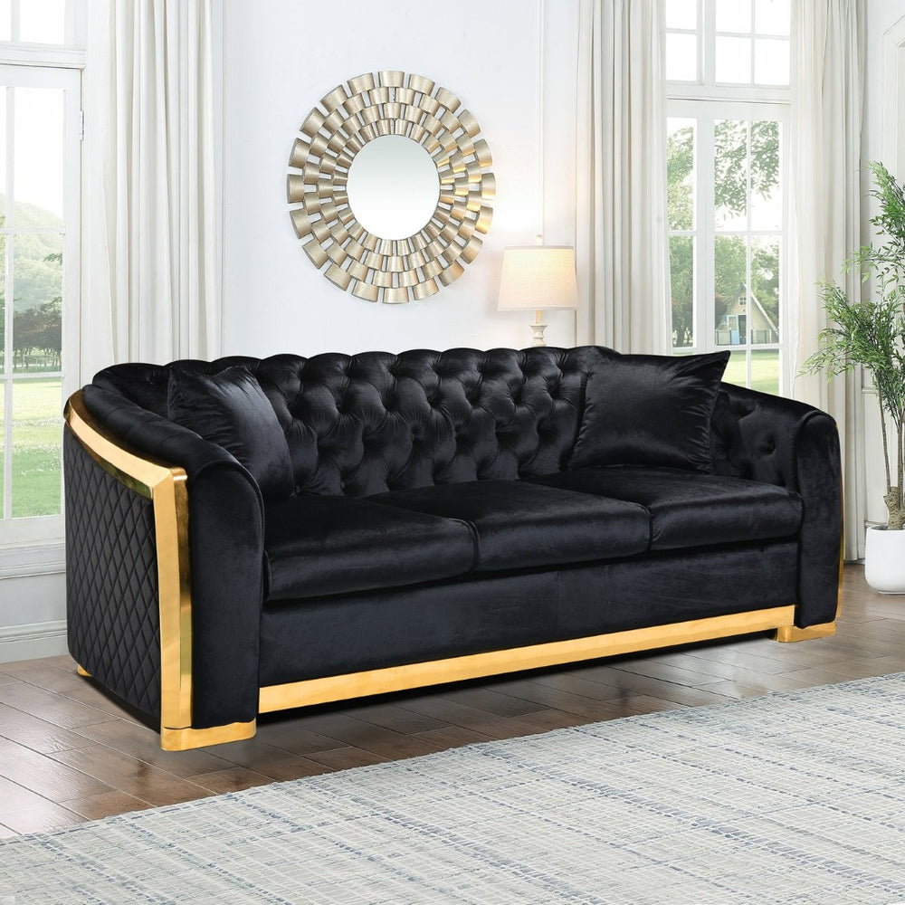 English Elm 81" Tufted Velvet Chesterfield Sofa with Gold Steel Legs for Elegant Living Rooms W1191S00016