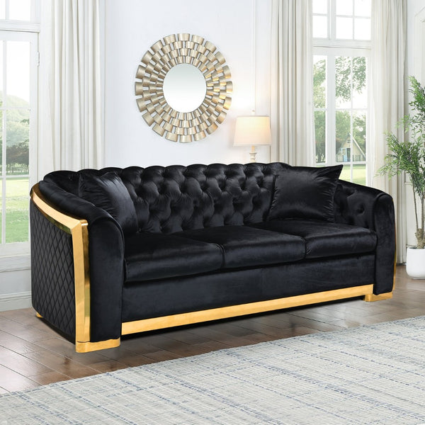 English Elm 81" Tufted Velvet Chesterfield Sofa with Gold Steel Legs for Elegant Living Rooms W1191S00016