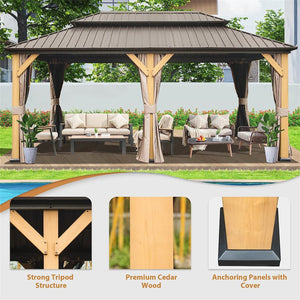 English Elm 12'X20' Hardtop Gazebo - Stylish Cedar Frame Canopy With Steel Double Roof, Curtains & Netting For Outdoor Comfort W1859S00019