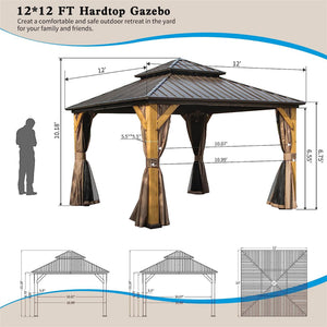 English Elm 12'X12' Hardtop Gazebo - Premium Cedar Frame Canopy With Ventilated Steel Roof & Integrated Curtains W1859S00017