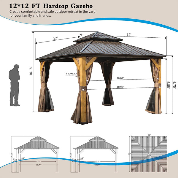 English Elm 12'X12' Hardtop Gazebo - Premium Cedar Frame Canopy With Ventilated Steel Roof & Integrated Curtains W1859S00017