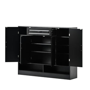 English Elm On-trend White Entryway Shoe Cabinet Grooved Doors Adjustable Shelves Sideboard WF304415AAB