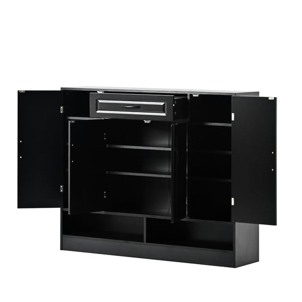 English Elm On-trend White Entryway Shoe Cabinet Grooved Doors Adjustable Shelves Sideboard WF304415AAB
