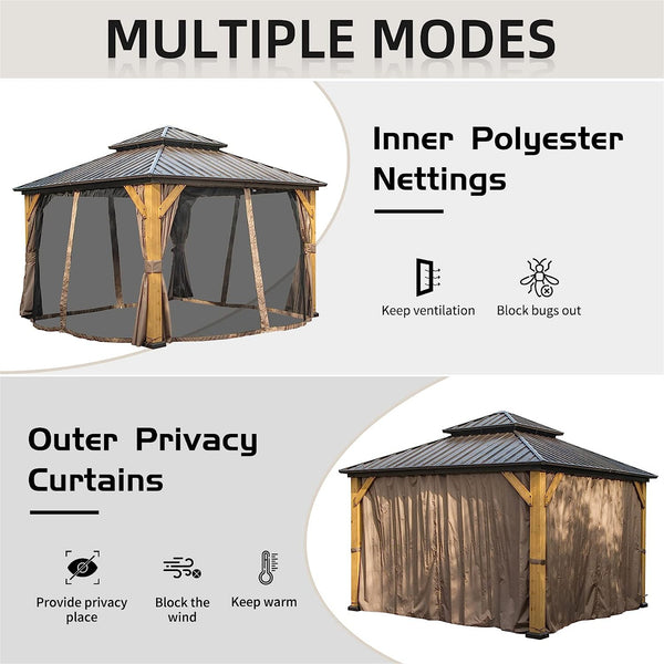 English Elm 12'X12' Hardtop Gazebo - Premium Cedar Frame Canopy With Ventilated Steel Roof & Integrated Curtains W1859S00017